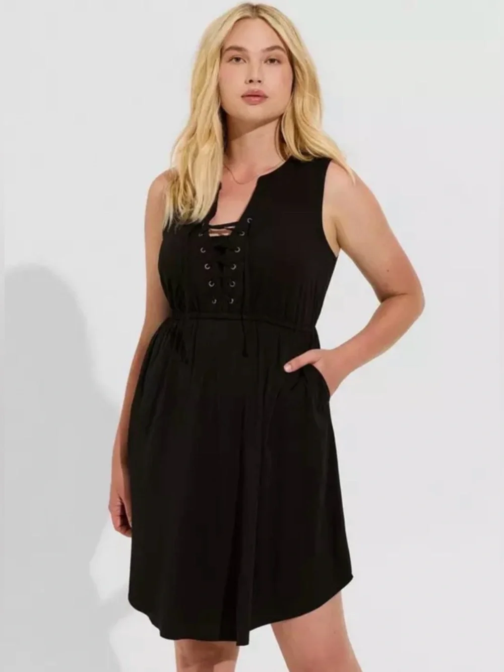 NWOT Torrid Mini Stretch Challis Lace Up Detail Shirt Dress Black Size 00 M/L - Picture 1 of 12
